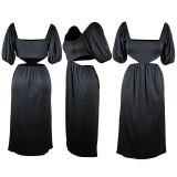 Casual Solid Hollowed Out Backless Square Collar One Step Skirt Short Sleeve Dress