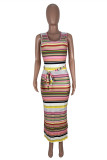 Fashion Casual Striped Print Slit U Neck Vest Dress