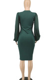 Casual Solid Patchwork Draw String V Neck Pencil Skirt Dresses