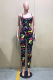 Fashion Sexy Print Hollowed Out Backless Spaghetti Strap Skinny Jumpsuits