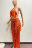 Fashion Casual Solid Tassel Hollowed Out Backless Spaghetti Strap Sleeveless Two Pieces