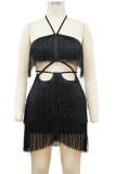 Fashion Sexy Solid Tassel Hollowed Out Backless Halter Strapless Dress