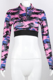 Fashion Casual Letter Camouflage Print Patchwork Zipper Collar Tops