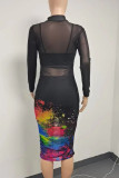 Sexy Print Patchwork See-through O Neck Pencil Skirt Plus Size Three Pieces