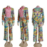 Fashion Casual Print Patchwork Turndown Collar Long Sleeve Two Pieces