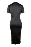 Casual Solid Patchwork Slit Hot Drill O Neck Short Sleeve Dress