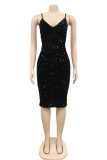 Fashion Sexy Patchwork Sequins Backless Slit V Neck Sling Dress