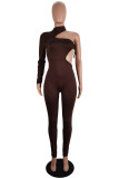 Fashion Sexy Solid Bandage Hollowed Out Asymmetrical Turtleneck Skinny Jumpsuits