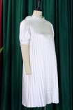 Casual Solid Frenulum Fold Half A Turtleneck Pleated Short Sleeve Dress