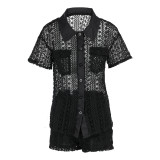 Casual Solid Hollowed Out Patchwork Buckle Turndown Collar Short Sleeve Three Pieces