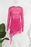 Casual Solid See-through Asymmetrical O Neck Long Sleeve Two Pieces