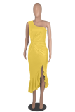 Street Solid Flounce One Shoulder Irregular Dress Dresses