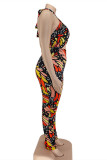 Fashion Sexy Print Hollowed Out Backless Halter Plus Size Jumpsuits