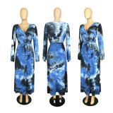 Fashion Casual Tie Dye Printing V Neck Long Sleeve Plus Size Dresses