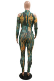 Fashion Sexy Print Hollowed Out See-through Turtleneck Skinny Jumpsuits