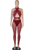 Sexy Solid Bandage Hollowed Out Patchwork See-through Asymmetrical Sleeveless Two Pieces