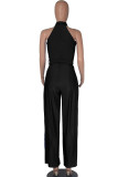 Casual Solid Patchwork Slit O Neck Straight Jumpsuits