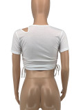 Casual Solid Hollowed Out Patchwork Draw String O Neck T-Shirts