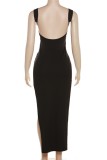 Sexy Solid Backless Slit Spaghetti Strap One Step Skirt Dresses