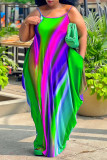 Casual Street Color Block Patchwork Pocket Printing Spaghetti Strap Long Dress Plus Size Dresses