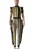 Sexy Striped Patchwork Contrast Zipper Stringy Selvedge O Neck Plus Size Jumpsuits