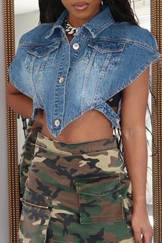 Street Solid Patchwork Pocket Buckle Shirt Collar Short Sleeve High Waist Regular Denim Jacket
