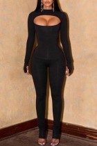 Casual Solid Hollowed Out Half A Turtleneck Long Sleeve Two Pieces