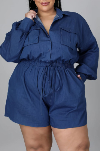 Casual Solid Patchwork Turndown Collar Plus Size Romper