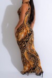 Sexy Print Hollowed Out Backless Oblique Collar Long Dress Dresses
