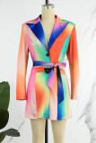 Casual Print Patchwork Buttons With Belt Turn-back Collar Suit Dress Dresses