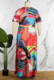 Casual Print Slit V Neck Long Dress Plus Size Dresses