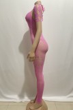 Sexy Solid Hollowed Out See-through Hot Drill O Neck Skinny Jumpsuits