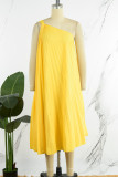 Elegant Solid Patchwork Fold Oblique Collar A Line Dresses
