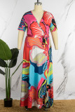 Casual Print Slit V Neck Long Dress Plus Size Dresses