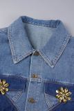 Casual Color Lump Solid Hollowed Out Buttons Metal Accessories Decoration Turndown Collar Long Sleeve Regular Denim Jacket