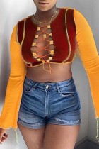Sexy Casual Patchwork Frenulum Contrast O Neck Tops