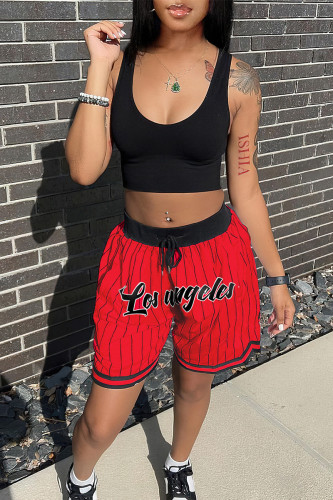 Sexy Street Letter Striped Patchwork Draw String Backless Vests Printing U Neck Sleeveless Two Pieces