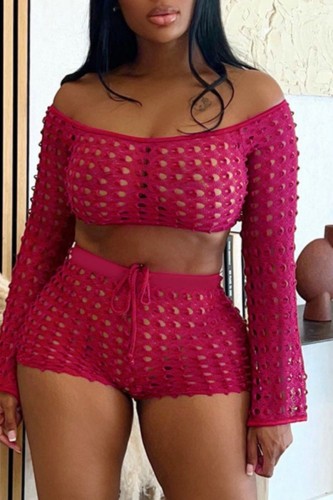 Sexy Solid Hollowed Out See-through Off the Shoulder Long Sleeve Two Pieces
