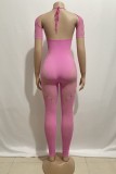 Sexy Solid Hollowed Out See-through Hot Drill O Neck Skinny Jumpsuits