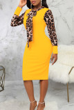 Sexy British Style Elegant Leopard Patchwork Printing O Neck Wrapped Skirt Dresses