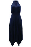 Casual Solid Hollowed Out Asymmetrical O Neck Pleated Dresses