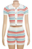 Sweet Street Striped Patchwork Buckle Contrast Turndown Collar Short Sleeve Two Pieces