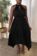 Casual Solid Hollowed Out Asymmetrical O Neck Pleated Dresses