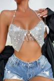 Sexy Solid Tassel Patchwork Metal Accessories Decoration Chains Backless Halter Tops