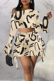 Sexy Street Print Patchwork Patch One Shoulder Long Sleeve Two Pieces
