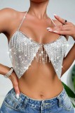 Sexy Solid Tassel Patchwork Metal Accessories Decoration Chains Backless Halter Tops