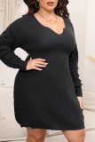 Casual Solid V Neck Long Sleeve Plus Size Dresses