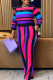 Casual Sweet Striped Patchwork Pocket Contrast O Neck Plus Size Two Pieces