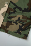 Street Camouflage Print Tassel Pocket Buckle Contrast Shirt Collar Tops