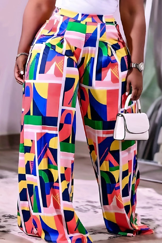 Casual Print Patchwork Plus Size High Waist Trousers (Subject To The Actual Object )